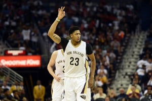 NEW ORLEANS, LA - OCTOBER 31: Anthony Davis #23 of the New Orleans Pelicans reacts to a three point shot during the second half of a game against the Golden State Warriors at the Smoothie King Center on October 31, 2015 in New Orleans, Louisiana. NOTE TO USER: User expressly acknowledges and agrees that, by downloading and or using this photograph, User is consenting to the terms and conditions of the Getty Images License Agreement. Stacy Revere/Getty Images/AFP