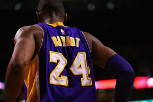 BOSTON, MA - DECEMBER 30: A detail of Kobe Bryant #24 of the Los Angeles Lakers' jersey during the second quarter against the Boston Celtics at TD Garden on December 30, 2015 in Boston, Massachusetts. NOTE TO USER: User expressly acknowledges and agrees that, by downloading and/or using this photograph, user is consenting to the terms and conditions of the Getty Images License Agreement. Maddie Meyer/Getty Images/AFP