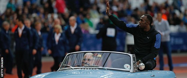 Usain Bolt was driven around the track on the back of a convertible sportscar as he was introduced to the crowd at the start of the evening
