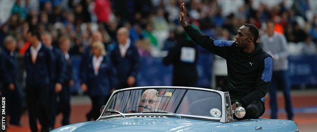 Usain Bolt was driven around the track on the back of a convertible sportscar as he was introduced to the crowd at the start of the evening