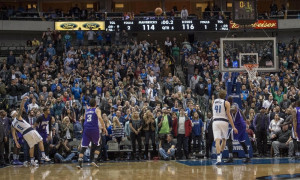 Jan 5, 2016; Dallas, TX, USA; Dallas Mavericks guard Deron Williams (8) makes a game winning three point shot during the second overtime against the Sacramento Kings at the American Airlines Center. The Mavericks defeat the Kings 117-116 in double overtime. Mandatory Credit: Jerome Miron-USA TODAY Sports ORG XMIT: USATSI-232340 ORIG FILE ID: 20160105_pjc_an4_255.JPG